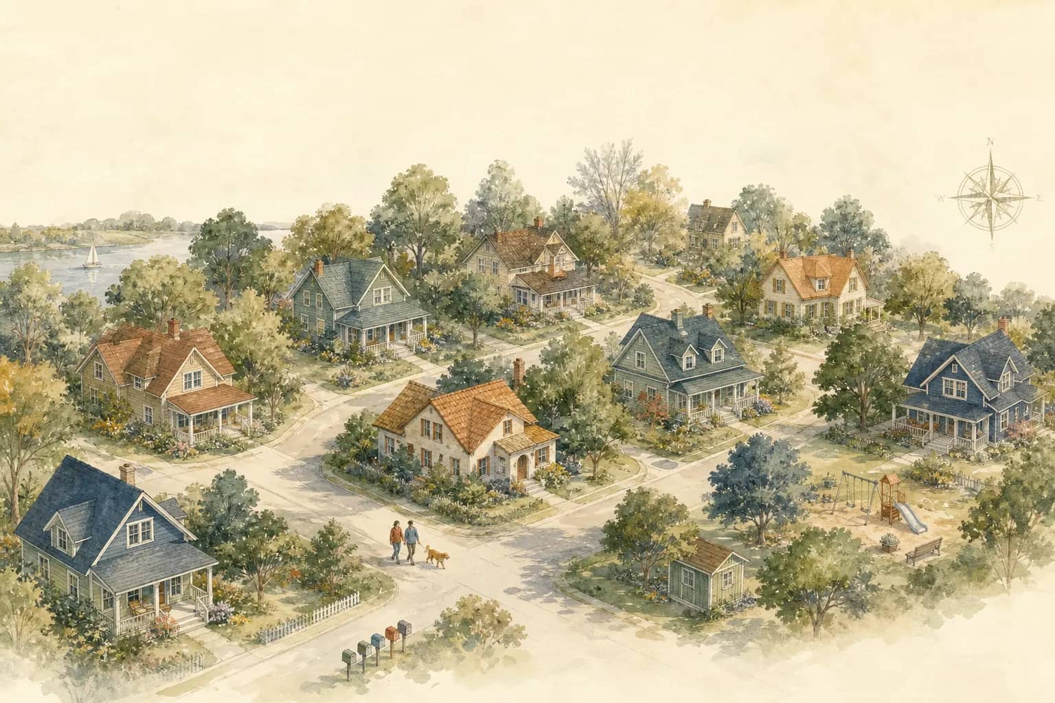 Watercolor illustration of a tree-lined neighborhood street