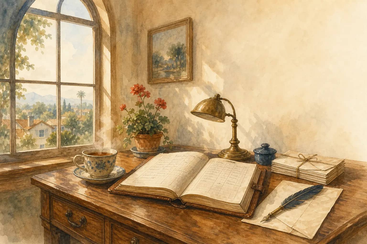 Watercolor illustration of a home office desk with books