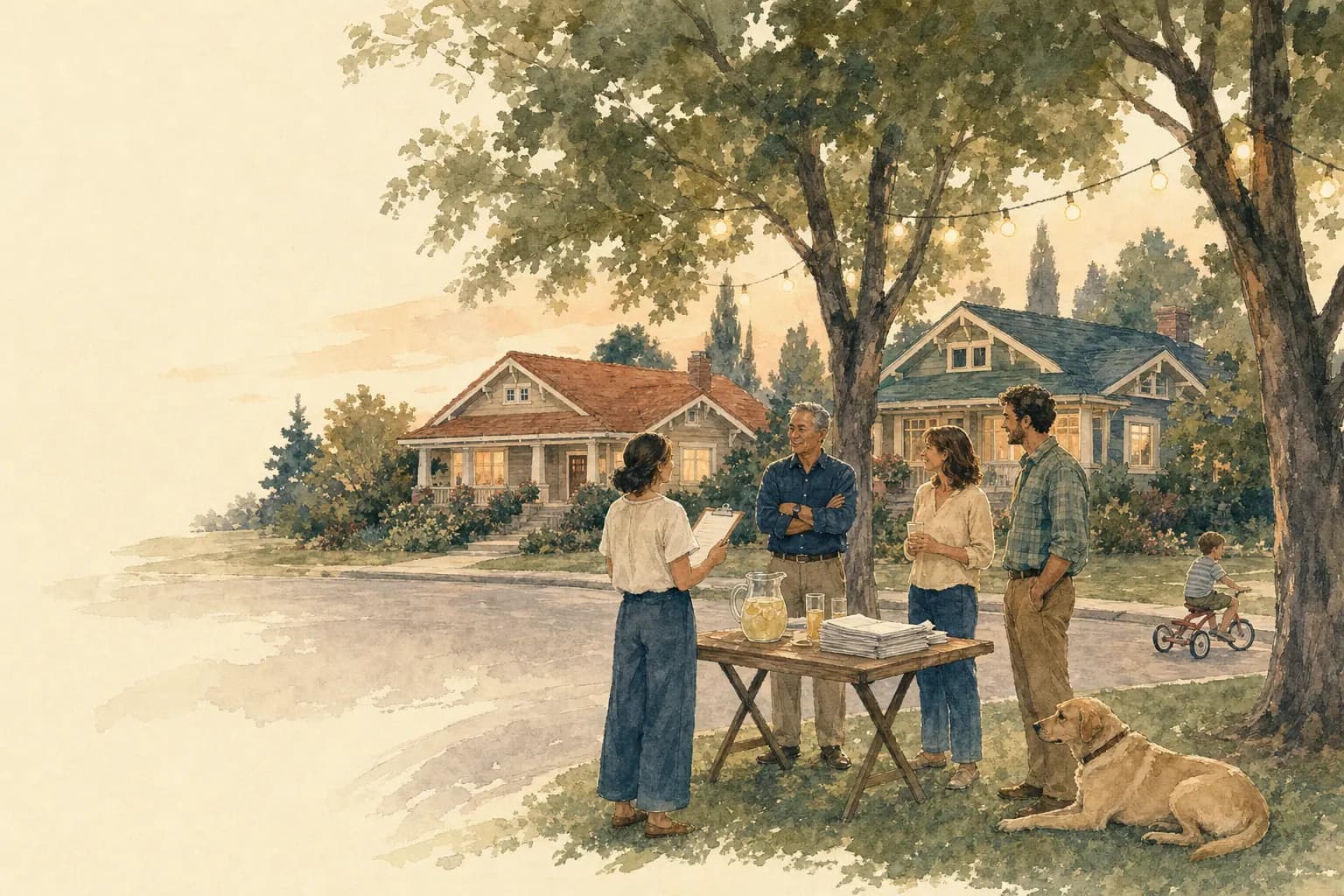 Neighbors gathered at dusk around a wooden folding table on the edge of a cul-de-sac, with string lights, a pitcher of lemonade, and a labrador resting in the grass.