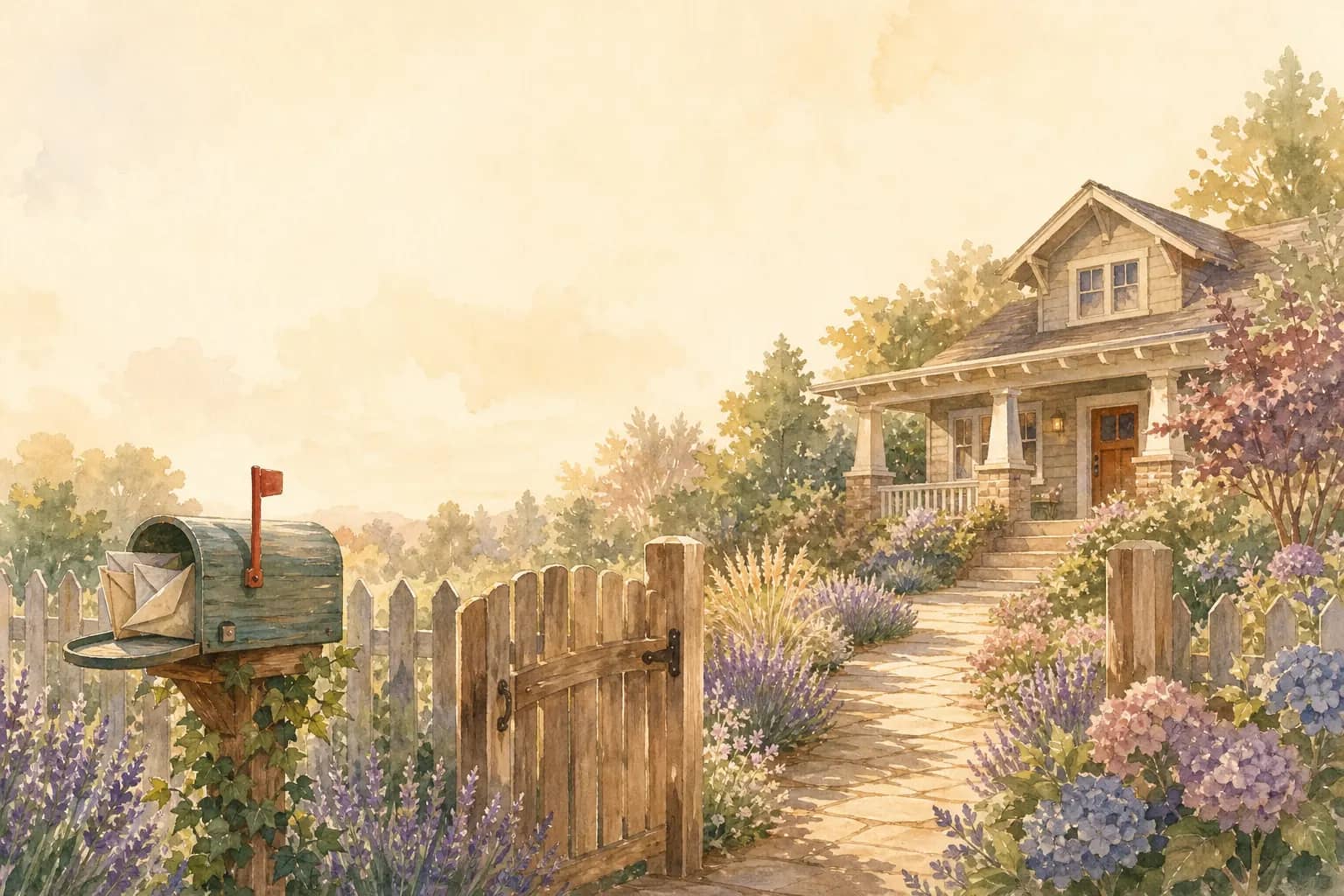 Watercolor illustration of a sidewalk and community mailboxes