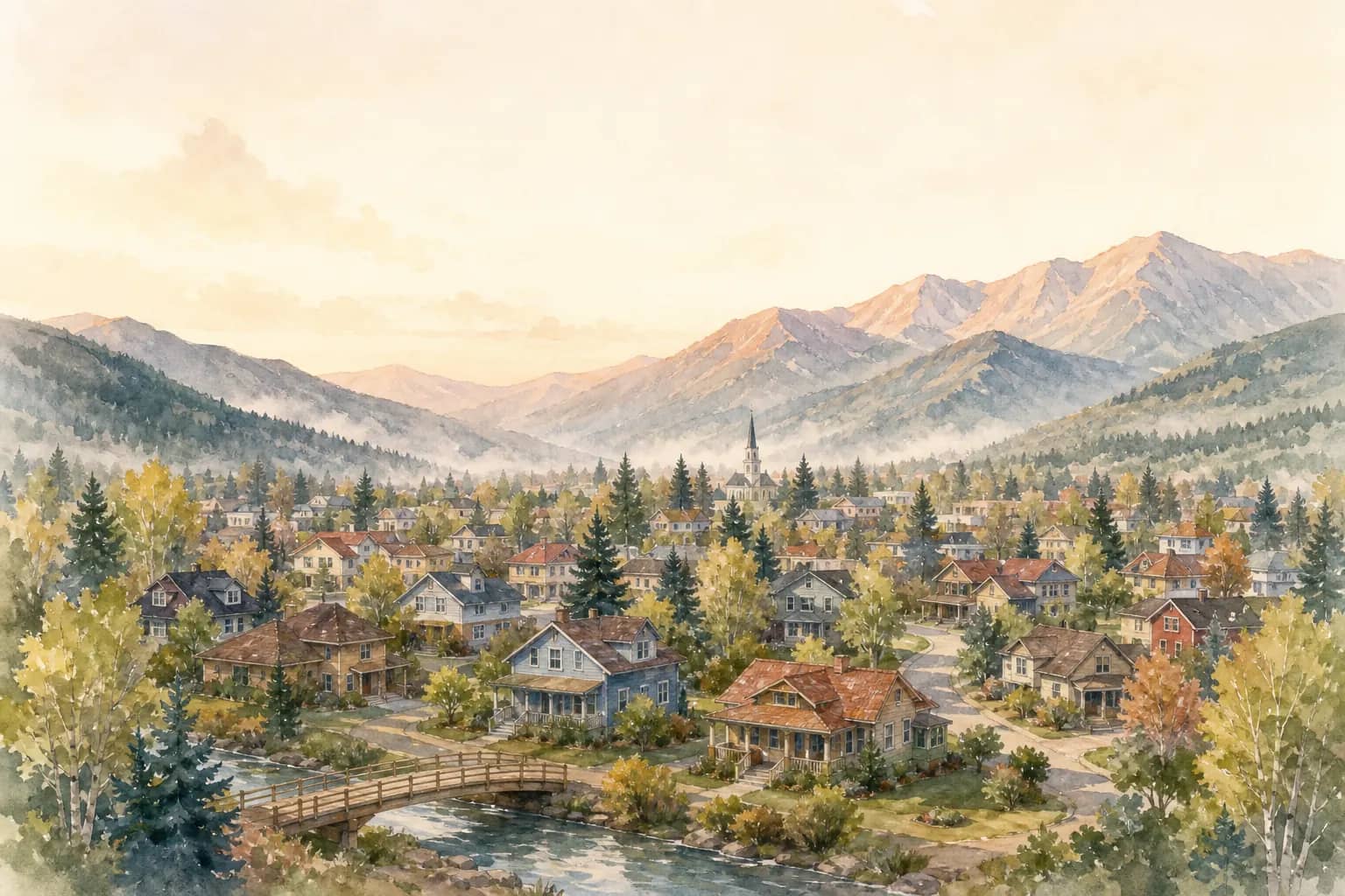 Watercolor illustration of a small mountain town main street