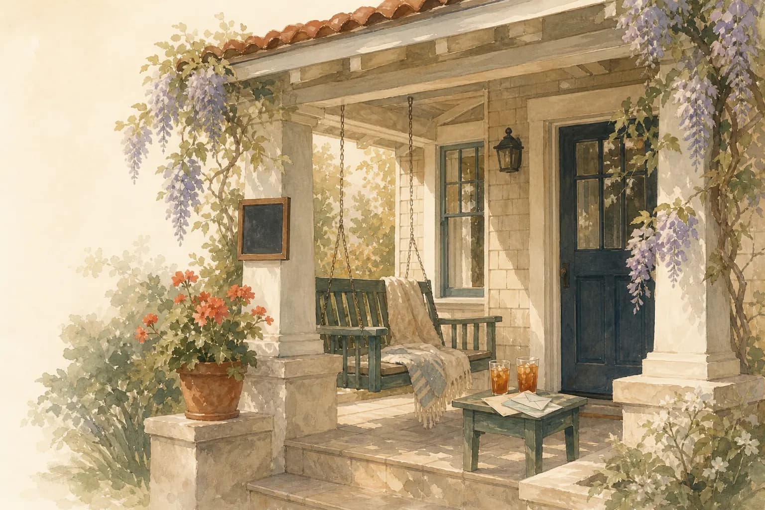 A craftsman bungalow porch in Colorado at golden hour.