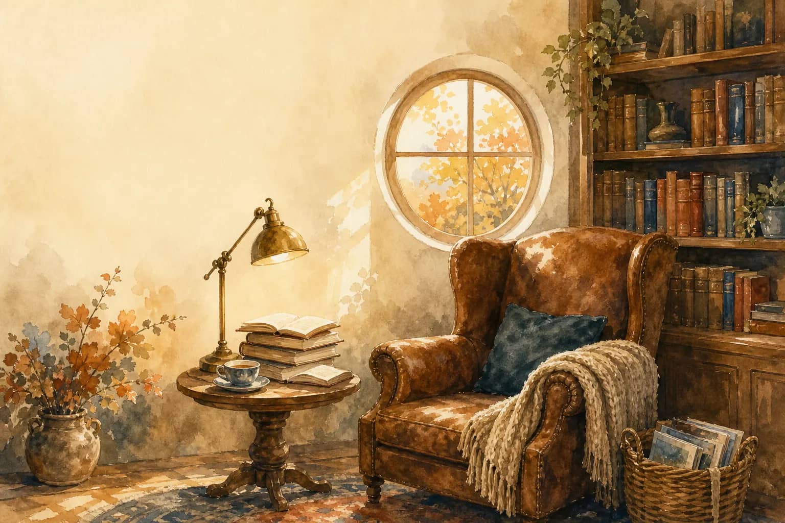 Watercolor illustration of a quiet reading corner with books